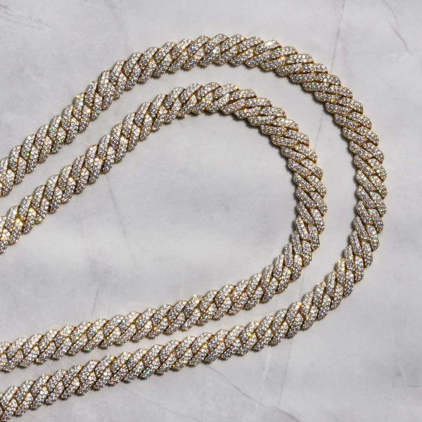 12mm Diamond Prong Cuban Chain 18k Gold